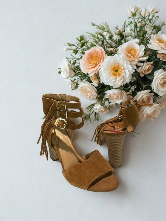 Franco Sarto Shoes - Camel Suede Ankle Strapped Fringe Sandals